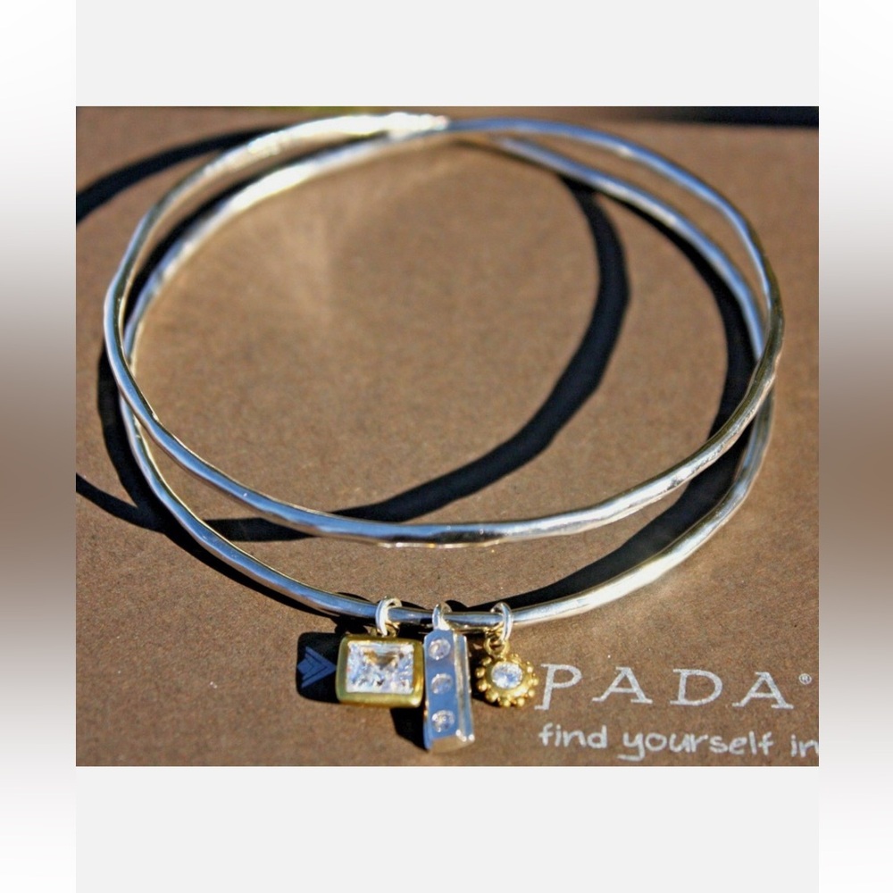 Silpada Sterling Silver Double Bangle Three Charm CZ Bracelet B3079
